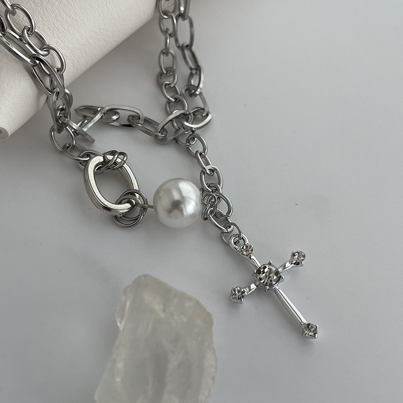 Vòng cổ Chuỗi Hạt Ngọc Trai Mặt Thánh Giá Phong Cách hip hop Cho Nam