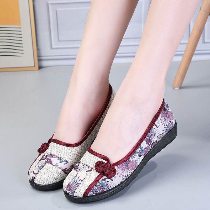 Women's canvas shoes ethnic style old Beijing cloth shoes linen flat wear-resistant shallow mouth one pedal mother's shoes soft bottom surface QMZS