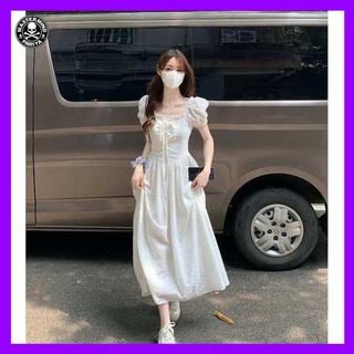 set váy váy chân dài Váy liền tay phồng cổ vuông khí chất màu trắng váy dài công chúa siêu tiên nữ nghỉ trà sang trọng thiết kế kiểu Pháp mùa hè cho nữ
