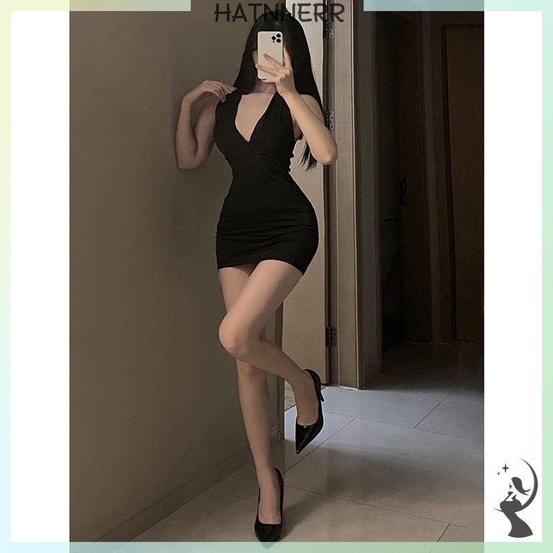 Đầm hai dây ôm dáng cổ V hở lưng gợi cảm cho nữ