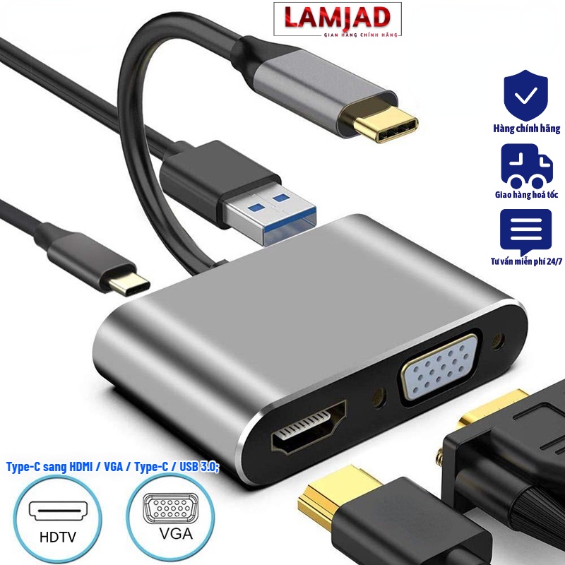 LAMJAD Đầu chuyển đổi Type-C sang HDMI độ phân giải 4K VGA USB C 3.0-Bộ chuyển đổi 4 trong 1