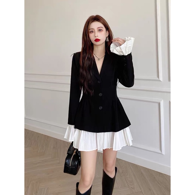 Váy Vest Đen Phối Dập Ly Trắng Hàng 2 Lớp Có Độn Vai Sang Chảnh