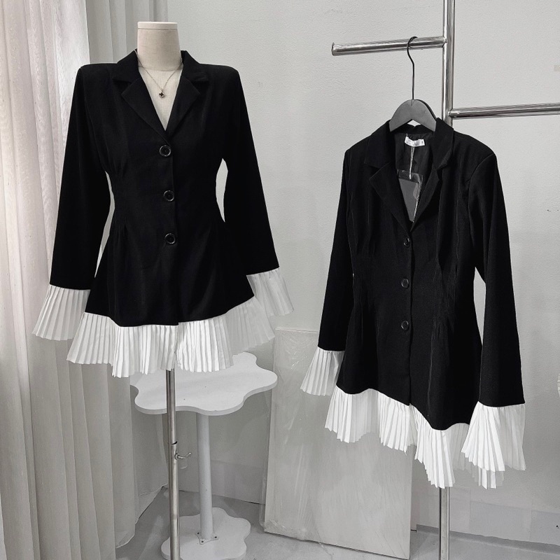 Váy Vest Đen Phối Dập Ly Trắng Hàng 2 Lớp Có Độn Vai Sang Chảnh