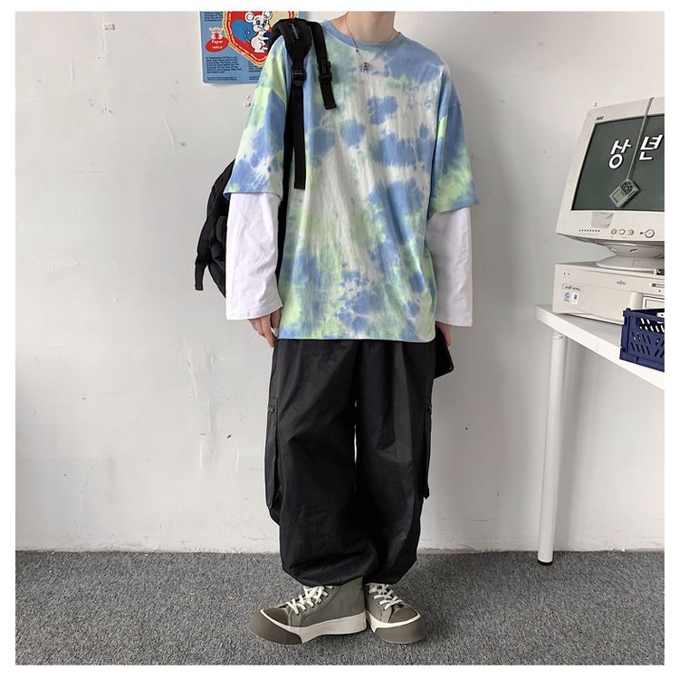 Áo Thun Cổ Tròn Nhuộm Màu Phong Cách hip hop Hàn Quốc Cá Tính Cho Nam