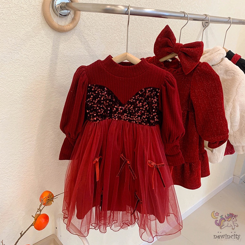 Đầm Công Chúa Giả Hai Lớp Đính Kim Sa Thắt Nơ Phong Cách Hàn Quốc Cho Bé Gái