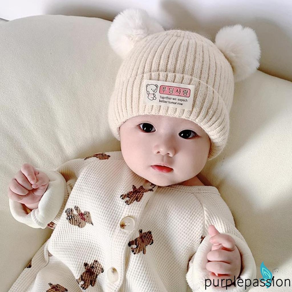 Mũ beanie Dệt Kim Màu Tím In Chữ bear Thời Trang Thu Đông Ấm Áp Cho Bé Trai Bé Gái