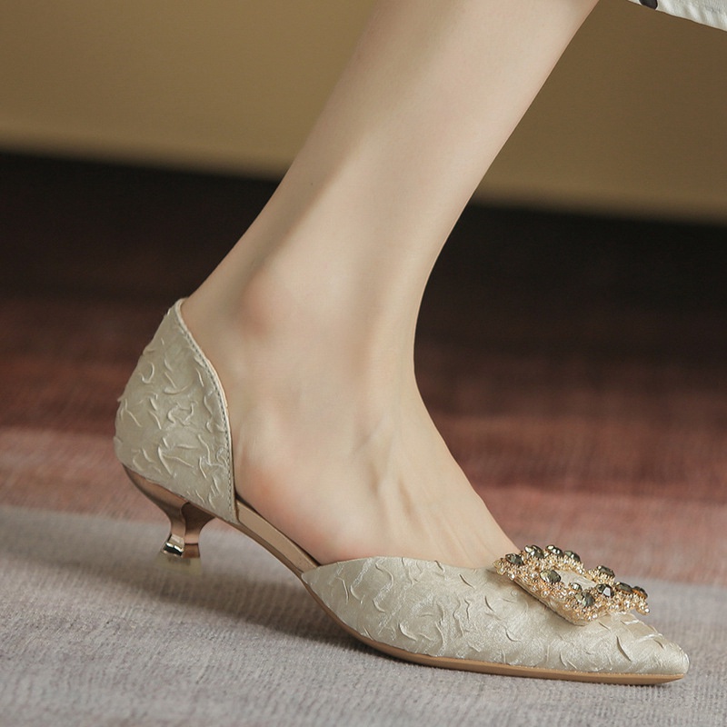 Giày Cao Gót 3.5cm Mũi Nhọn Đính Đá Phong Cách Hàn Quốc Mới
