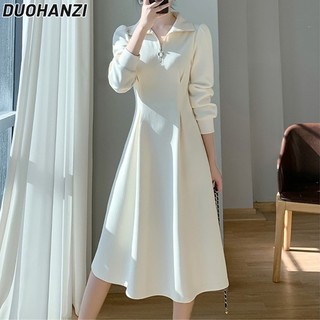 Bộ Đầm Vải Nhung Dày Phối Khóa Kéo Eo Cao Thời Trang Thu Đông Cho Nữ