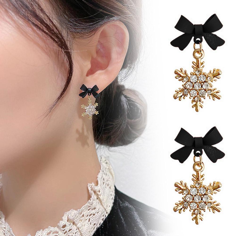 Bông Tai Hình Hoa Tuyết Thắt Nơ Màu Đỏ Đen Thanh Lịch Đa Năng