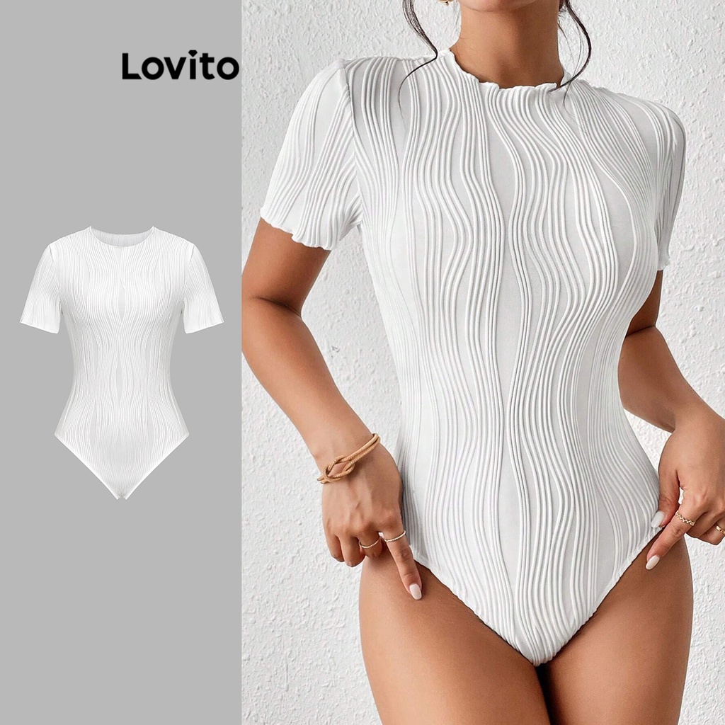 Lovito Bộ đồ liền thân viền thô trơn cho nữ L71ED070 (Trắng đen)
