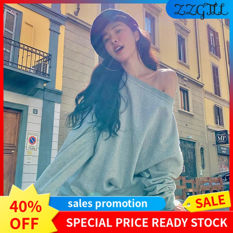 Áo sweatshirt Trễ Vai Màu Trơn Dáng Rộng Thời Trang Đường Phố Cho Nữ