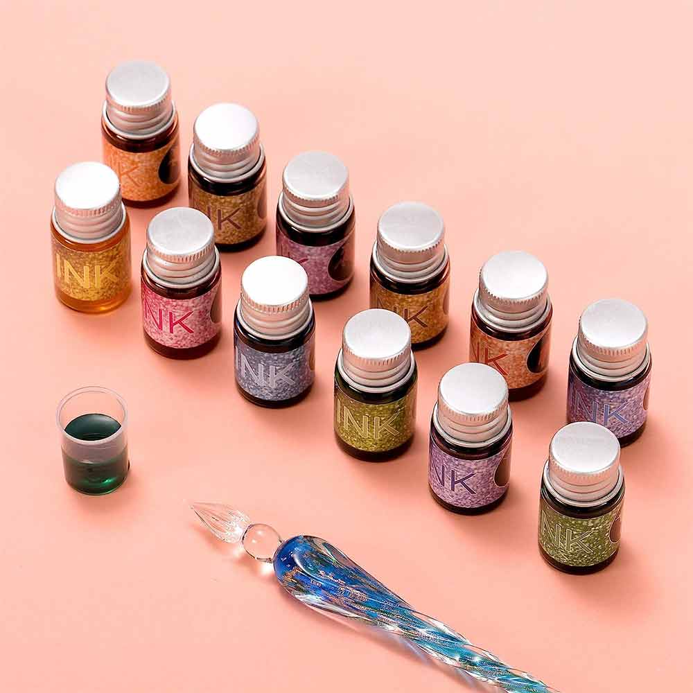 Six pointed starry sky glass dip pen ink set, dip pen and ink set, with 2 calligraphy crystal pens and 12 colors of ink