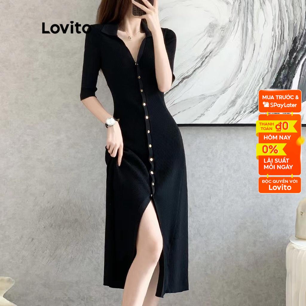 Áo sweater Lovito tay ngắn xẻ tà nút trước màu trơn thường ngày thanh lịch cho nữ LNA08056 (màu đen)