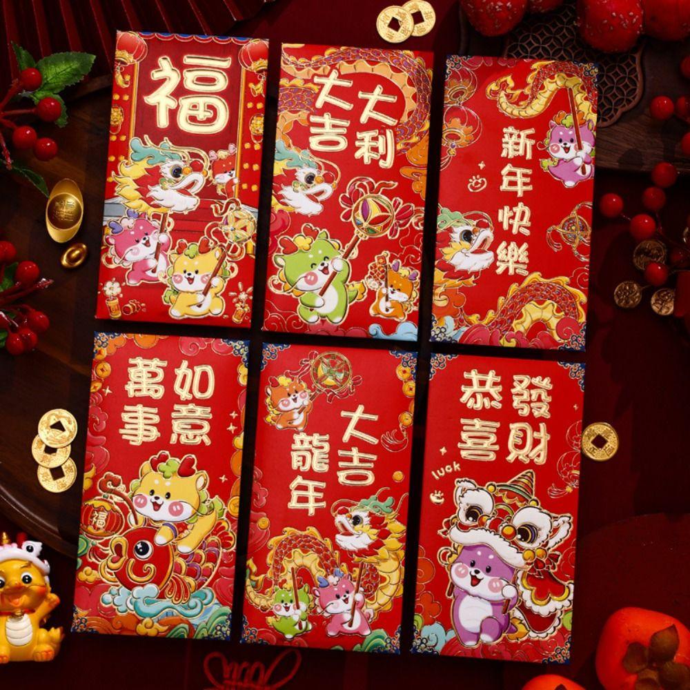Set 6 Bao Lì Xì Màu Đỏ Họa Tiết Rồng Năm Mới 2024 Phong Cách Trung Hoa