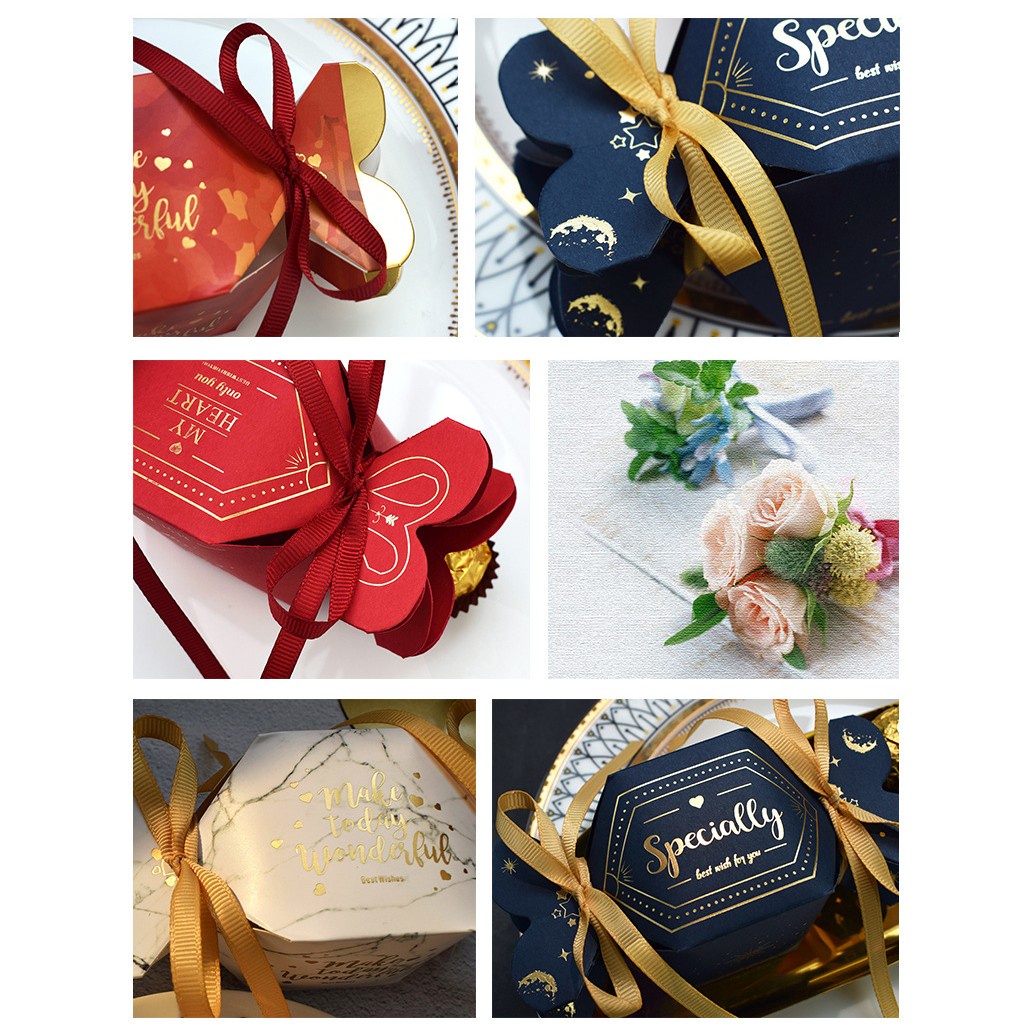 Hộp giấy mini hình kẹo 14x5cm thắt nơ làm phụ kiện giỏ quà Tết, hộp hoa văn thắt nơ H04 đựng socola bánh kẹo