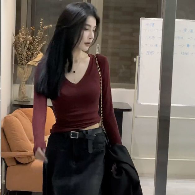 Áo Thun Nữ Tay Dài Cổ Chữ v Thời Trang Phong Cách