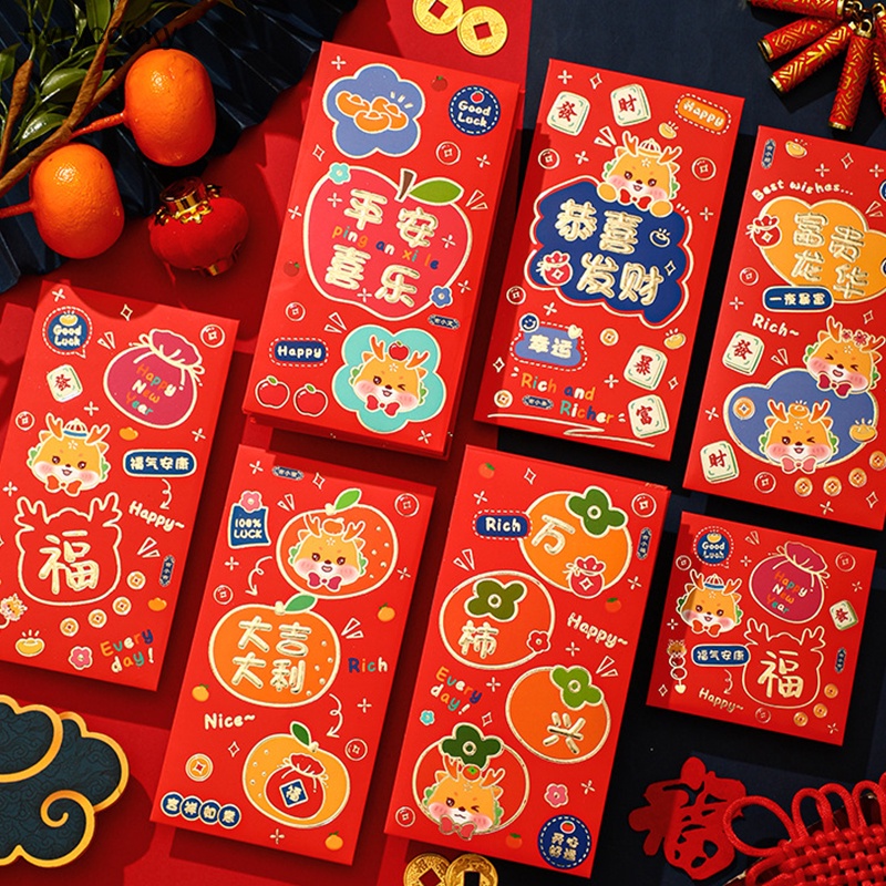 Set 6 Bao Lì Xì Hình Rồng Đỏ May Mắn Cho Năm Mới 2024