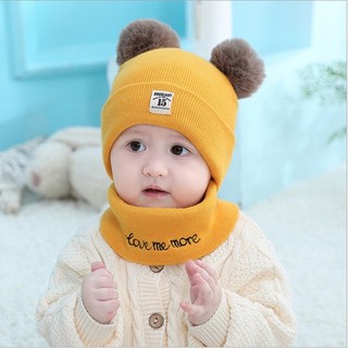 Set Mũ Len Quả Bông Kèm Khăn Ống Cho Bé