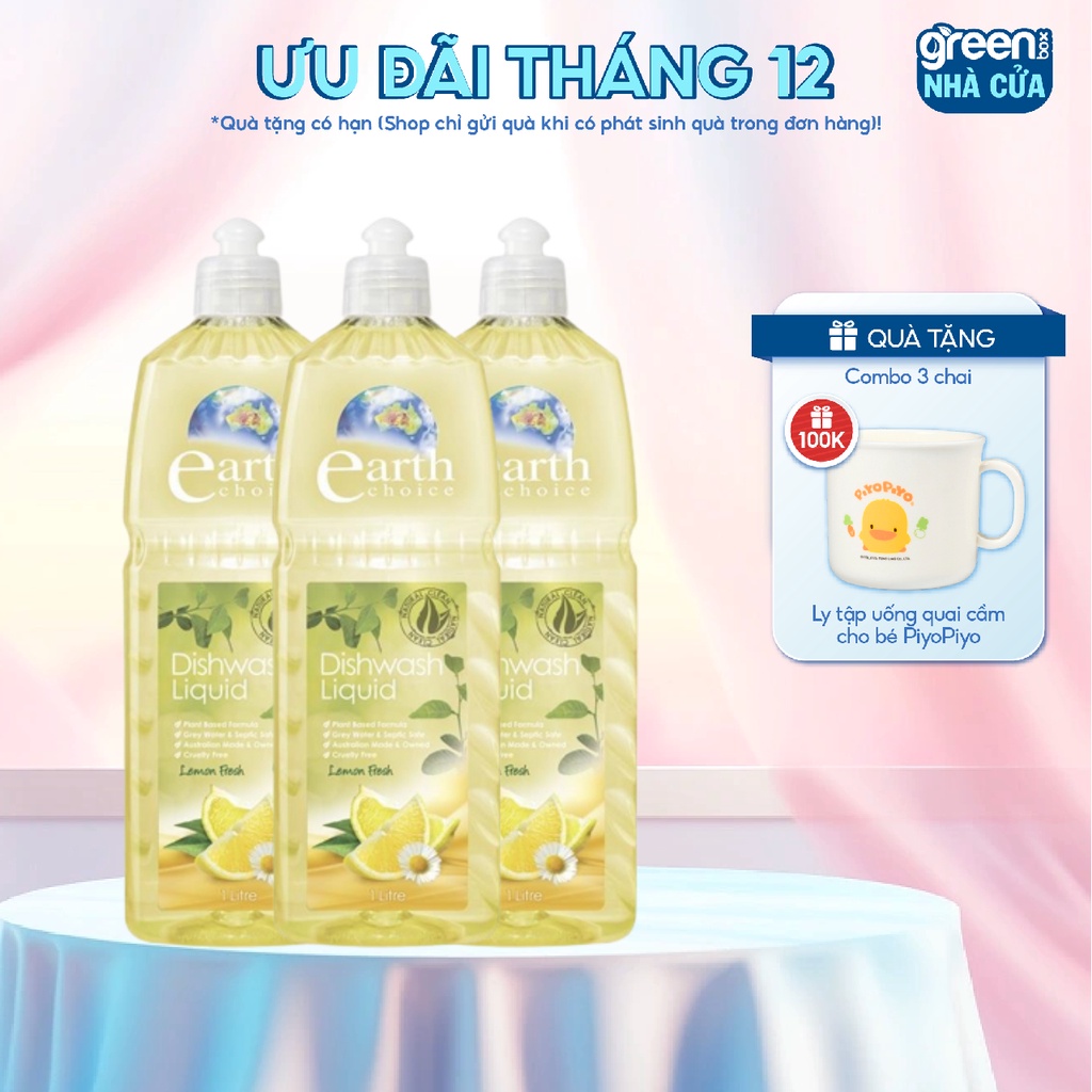 Combo 3 Nước Rửa Chén EARTH CHOICE An Toàn Với Cả Đồ Dùng Ăn Uống Của Bé, Không Khô Da Tay Chiết Xuất Chanh Dung Tích 1L
