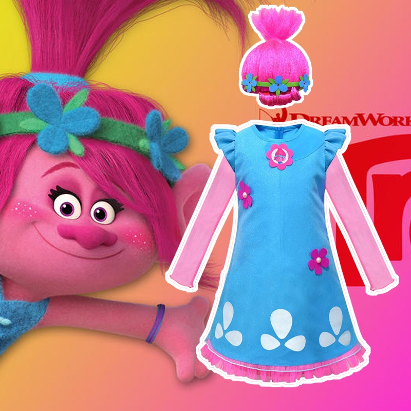 Poppy Đầm Hóa Trang Nhân Vật Hoạt Hình trolls Màu Hồng / Xanh Dương Cho Bé Gái