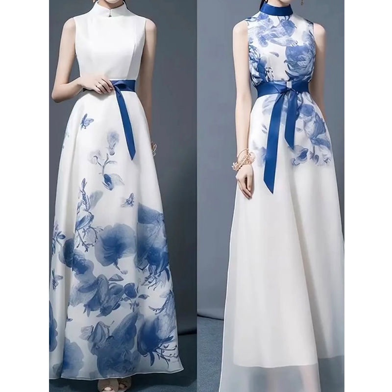 Jumpsuit Trắng Xanh Dương Không Tay Phong Cách Trung Hoa Độc Đáo