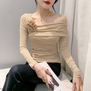 MIOU 2025 Áo thun nữ màu tím cao cấp mới nhất lấp lánh Áo sơ mi trễ vai dài tay mùa thu