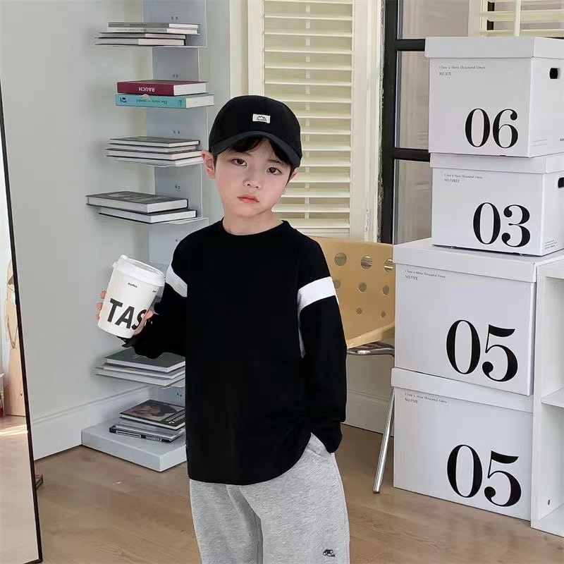 Áo Thun Tay Dài Cổ Tròn Phong Cách Hàn Quốc Thời Trang Xuân Thu Cho Bé Trai