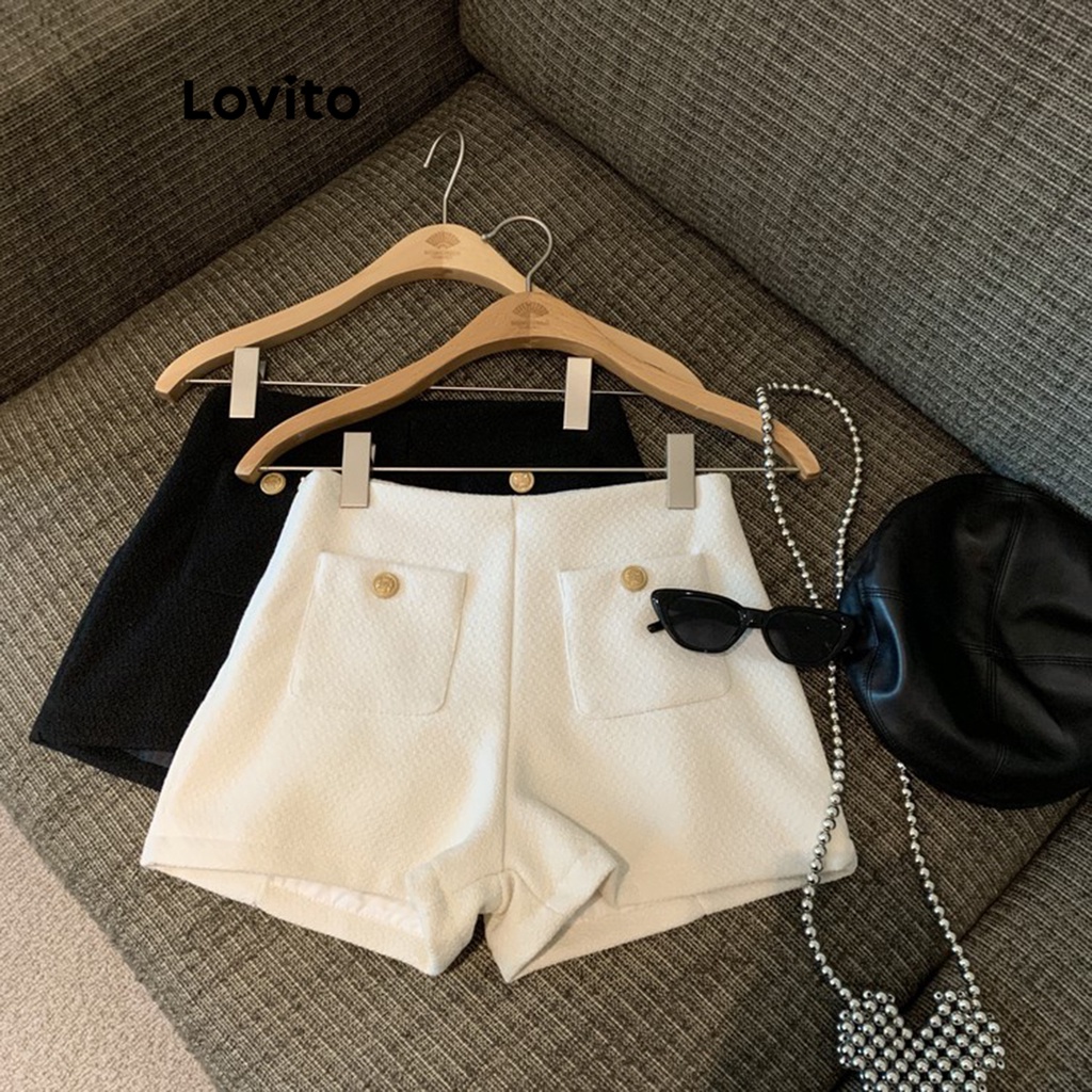 Lovito Quần short kim loại có túi trơn thông thường dành cho nữ LNE35008 (Tắt Trắng/Đen)