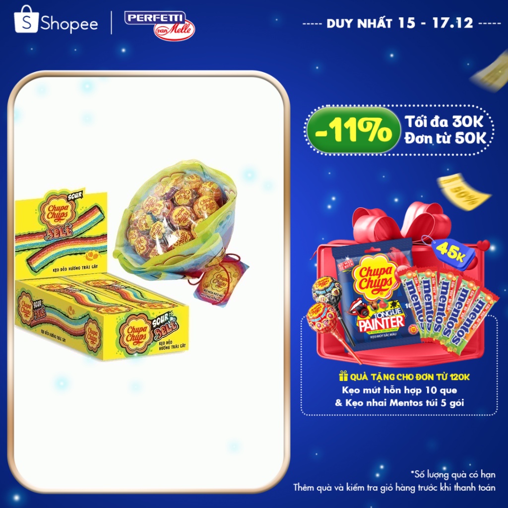 Combo Chupa Chups kẹo mút hương trái cây bó hoa 19 que và Kẹo dẻo Sour Belt hương trái cây hộp 48 dây