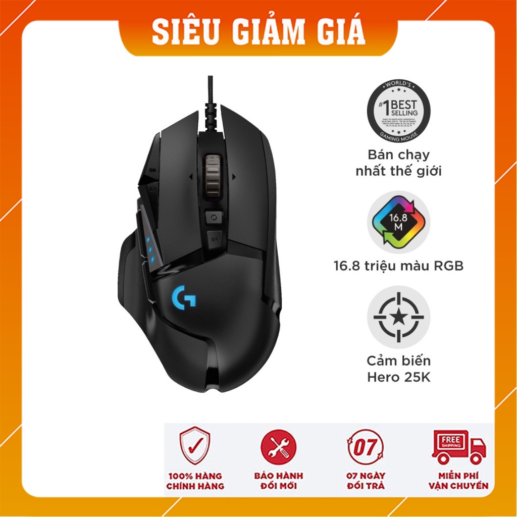 Chuột chơi game, chuột máy tính có dây G502 LED RGB 7200DPI Tùy Chỉnh, Tặng Kèm Lót Chuột Full Size