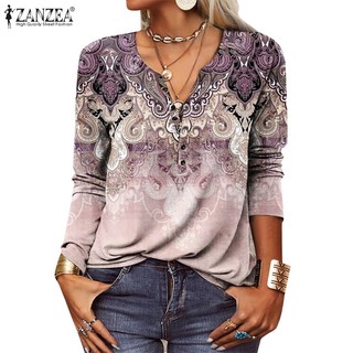 Zanzea áo sweater cổ chữ v tay dài in họa tiết cổ điển thời trang cho nữ