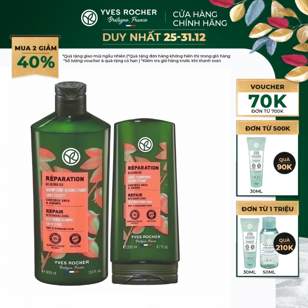 Combo Phục Hồi Tóc Hư Tổn Yves Rocher Repair With Organic Jojoba Restoring 500ml