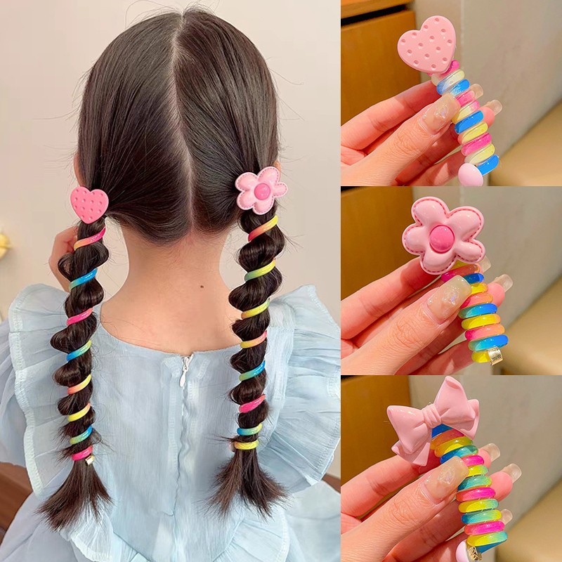 Dây cột tóc lò xo quấn tóc màu sắc cầu vồng đính họa tiết cho bé CT27