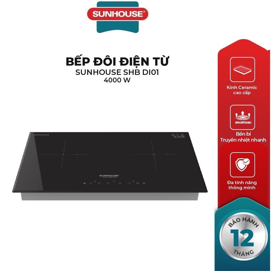 BẾP ĐÔI ĐIỆN TỪ SUNHOUSE SHB-DI01, Tổng công suất
4000W , Chế độ hẹn giờ, khóa trẻ em tiện lợi, Bảo hành
36 tháng