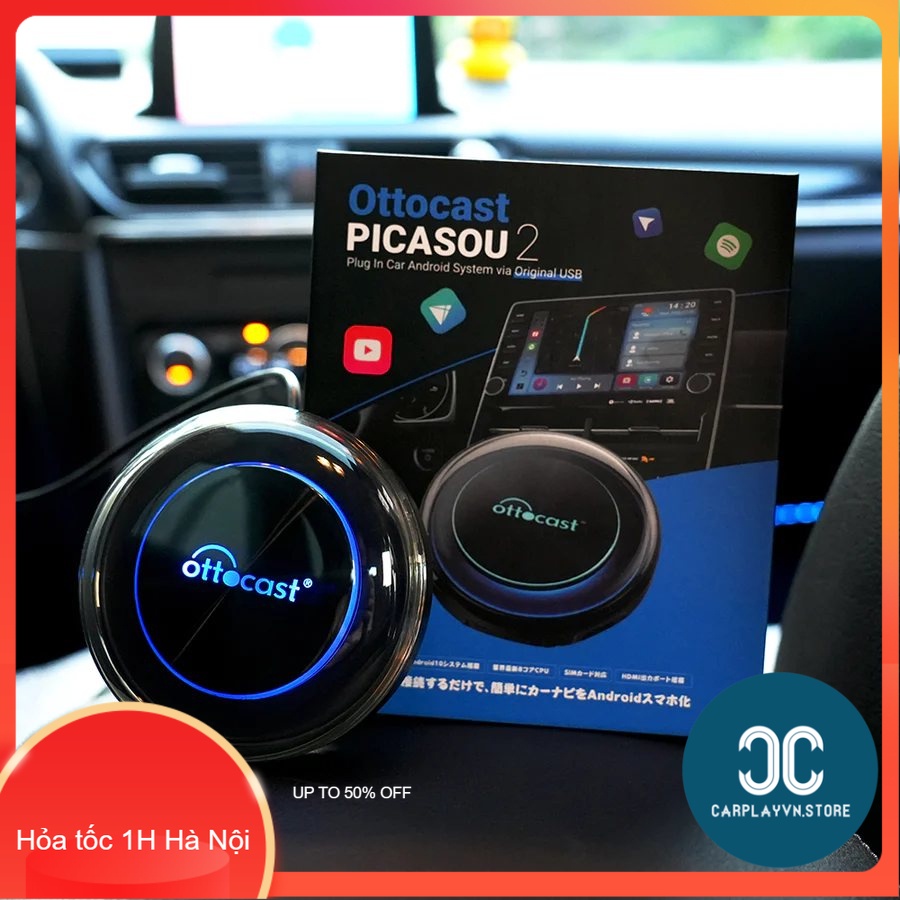 Carplay Android box Picasou 2 đèn LED nhiều màu, hỗ trợ xuất hình ảnh HDMI, Android 10, giao diện mới, tặng sim 4G