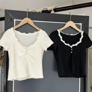 Áo Thun Dệt Kim Tay Ngắn Dáng Ôm Phối Ren Phong Cách Pháp Thời Trang Mới Cho Nữ