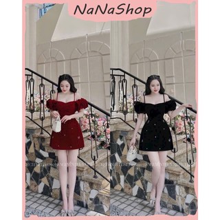 Đầm nữ thiết kế trễ vai hai dây chất vải nhung cứng họa tiết đính cườm, Đầm nữ hai màu đỏ đen