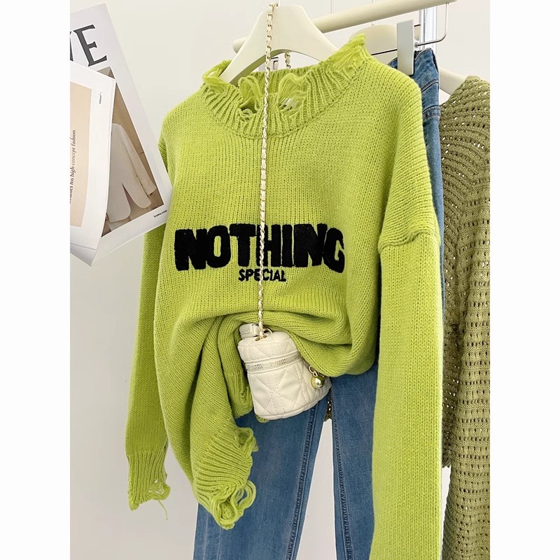 Áo Sweater Dệt Kim Dáng Rộng In Chữ Kiểu Retro Thời Trang Mùa Thu 2024