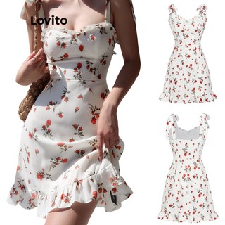 Đầm Lovito phong cách Boho hoa viền nhún bèo buộc dây thời trang dành cho nữ L54ED098 (trắng)