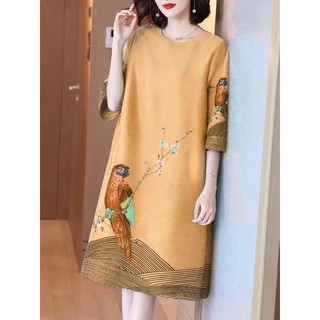 Đầm Xếp Ly Tay Ngắn Dáng Suông Vải Lụa Lạnh In Họa Tiết Kiểu Retro Thời Trang Mùa Hè 2023 Cho Nữ