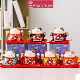 Mèo thần tài may mắn cao 10-14cm Khai vận đón phúc, mèo chiêu tài gốm sứ cao cấp