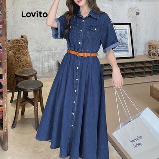 Lovito Đầm Denim giản dị Túi trơn cổ chữ A tay ngắn Váy Denim dành cho nữ LNA06121  (Xanh đậm)