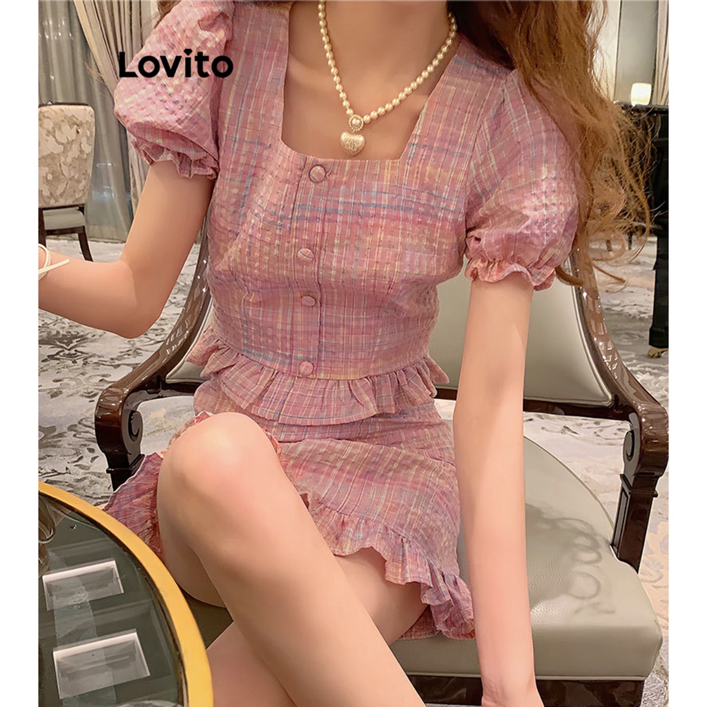 Set đồ Lovito vải họa tiết ren viền nút tay phồng gingham phong cách thường ngày cho nữ L58AD145 (Hồng)