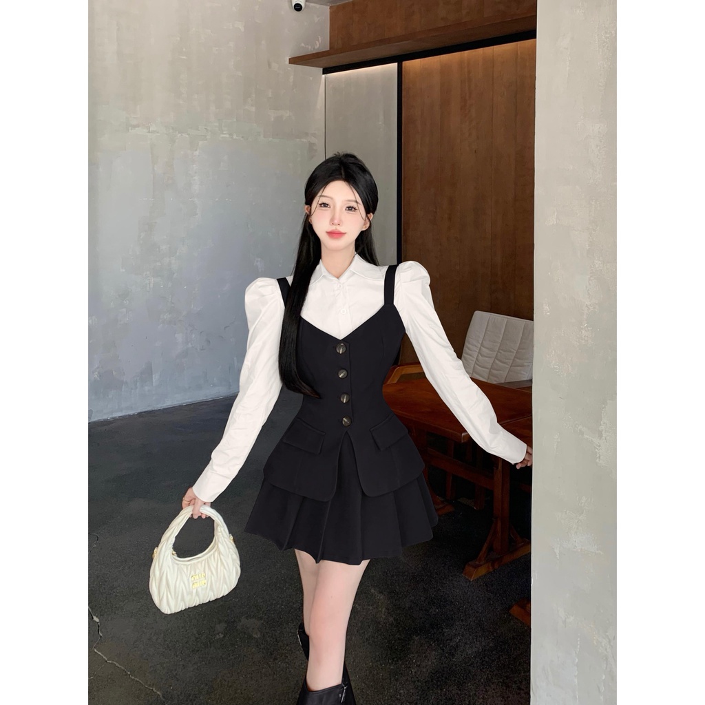 Bộ Áo Sơ Mi Tay Phồng + Chân Váy Xếp Ly Thời Trang retro Cao Cấp Cho Nữ