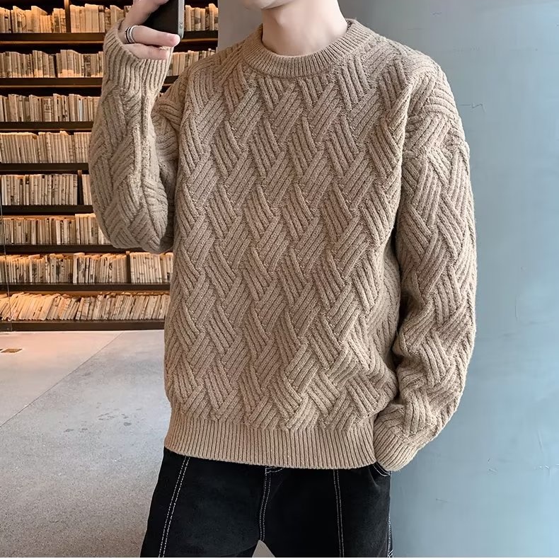Fashion Áo Sweater Nam Sọc Cổ Tròn Nam Dáng Rộng Phối Rách Phong Cách Hàn Quốc Thời Trang Thu Đông Cho Cặp Đôi Áo Len Nam