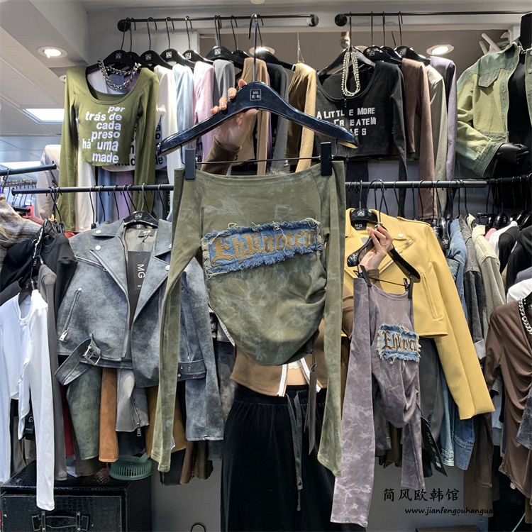 Áo Thun denim Thêu Chữ Thời Trang Mùa Thu Hàn Quốc 2023 Dành Cho Nữ