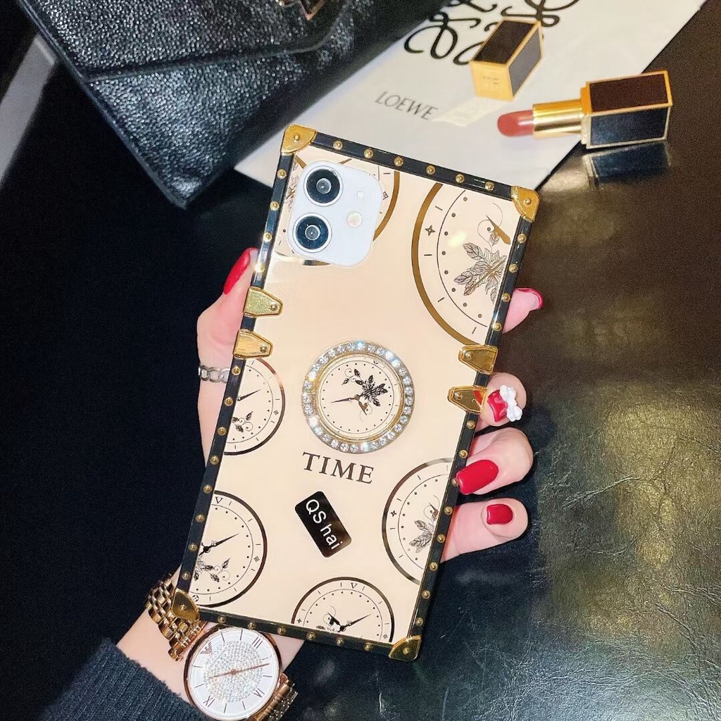 Ốp Điện Thoại Hình Vuông Họa Tiết Đồng Hồ Thời Trang Kèm Giá Đỡ Nhẫn Cho iphone 15 plus 14 pro max