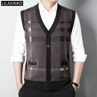 Áo Khoác cardigan Len Không Tay Cổ Chữ v Họa Tiết Kẻ Sọc 4 Màu Thời Trang Thu Đông Cho Nam 
