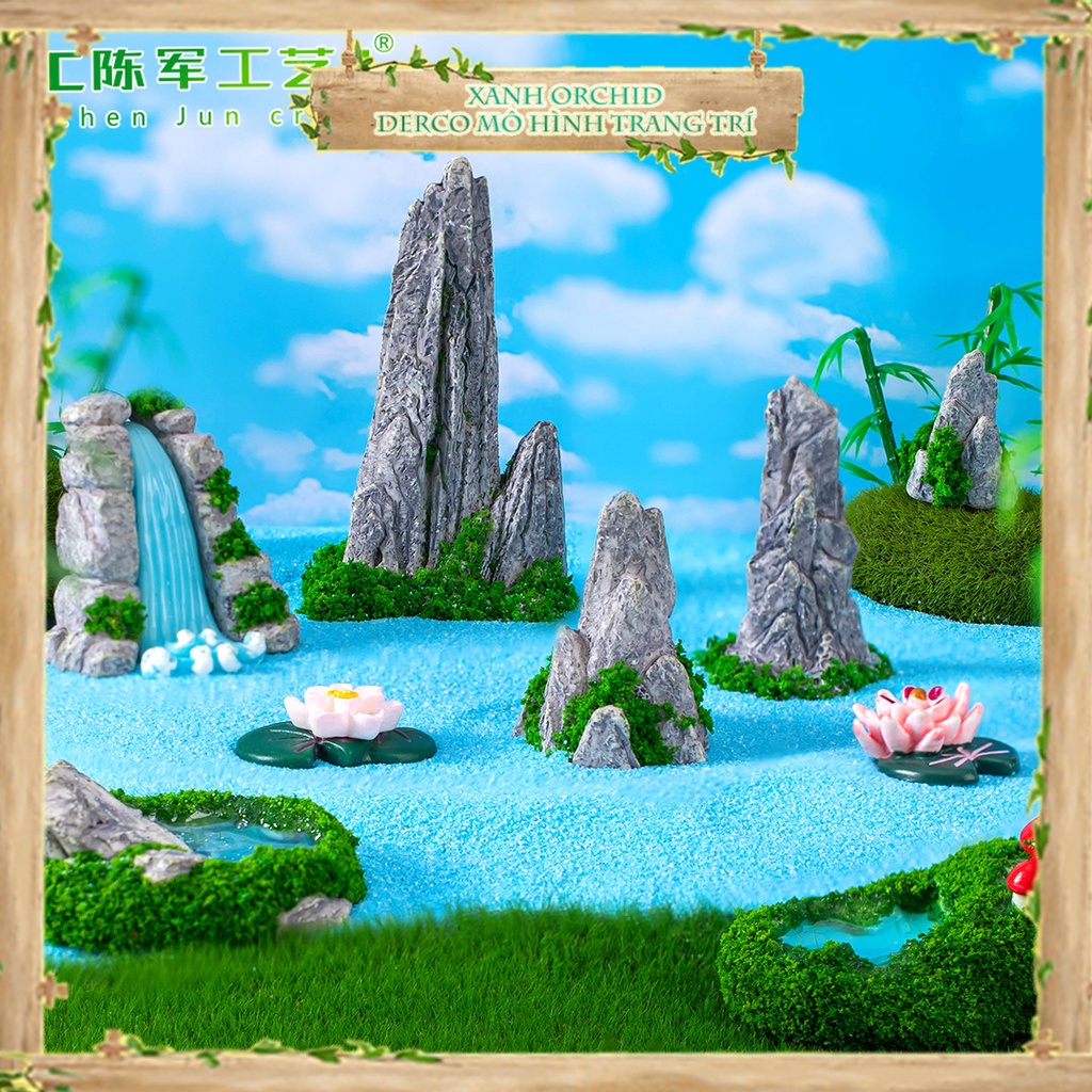 Mô Hình Tiểu Cảnh "Phong Cảnh Giả Thác Nước Đá" Trang Trí Sen Đá, Sân Vườn/ Chậu Cây, DYI, Terrarium