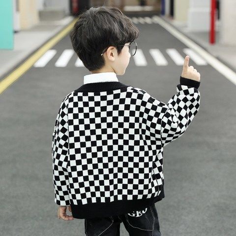 Áo Khoác cardigan Dệt Kim Sọc Ca Rô Đen Trắng Thời Trang Xuân Thu Cá Tính Dành Cho Bé